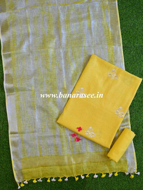 Handwoven Linen Salwar Kameez & Dupatta With Hand-Embroidered Work-Yellow