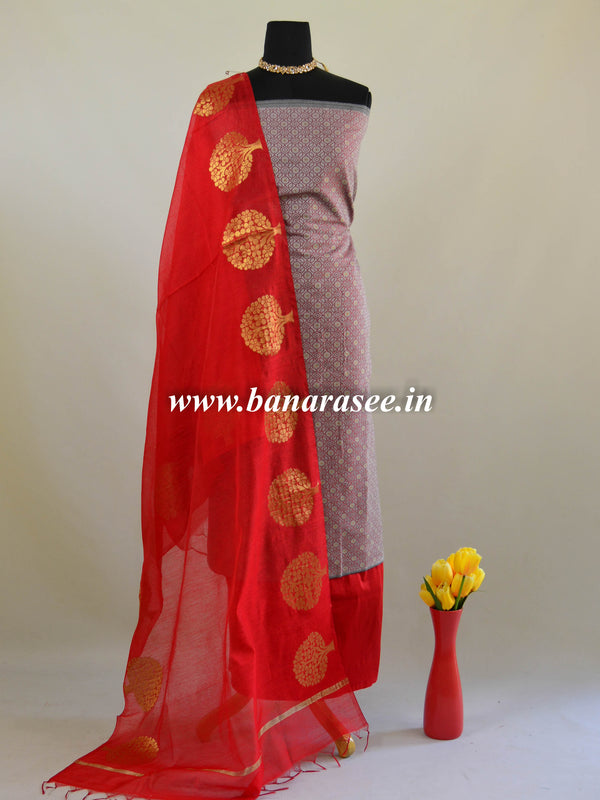Banarasee Handwoven Satin Brocade Salwar Kameez Fabric With Red Dupatta-Grey