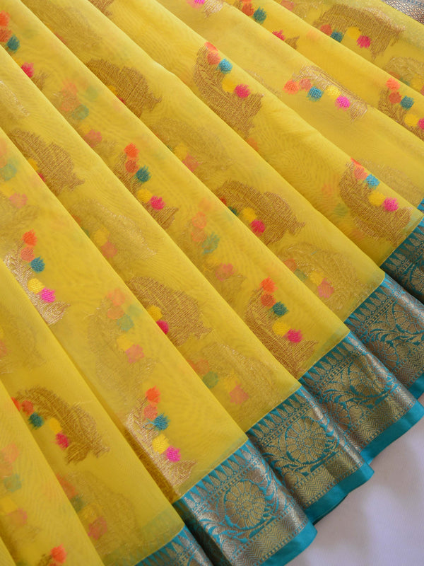 Banarasee Organza Saree With Antique Teal Border-Yellow