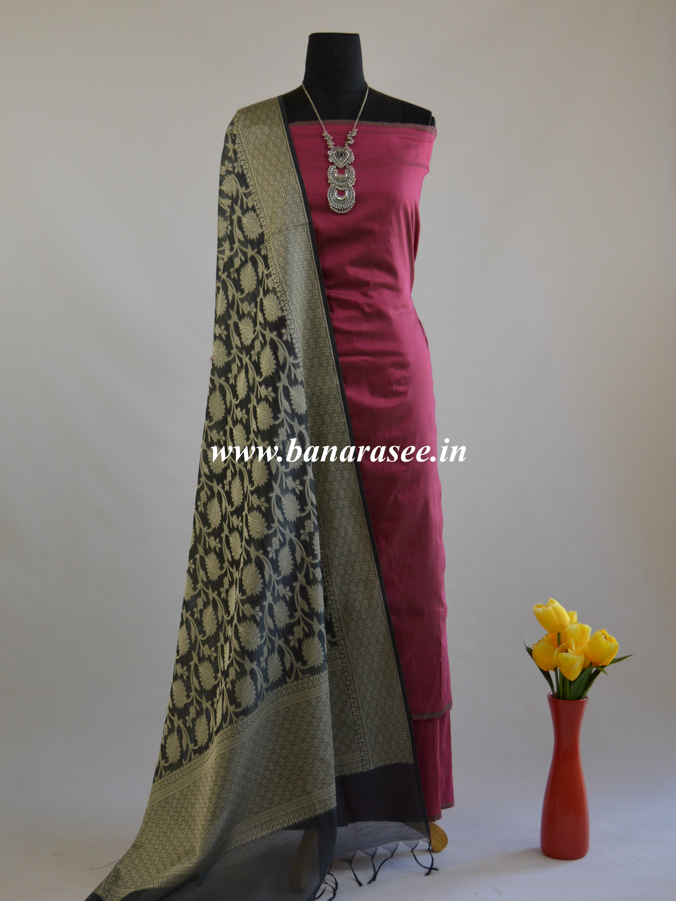 Banarasee Cotton Silk Plain Salwar Kameez Fabric With Resham Jaal Dupatta-Purple