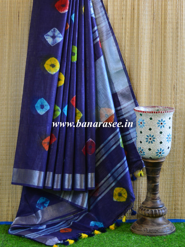 Bhagalpur Handloom Pure Linen Cotton Hand-Dyed Multicolor Bandhej Saree-Deep Blue