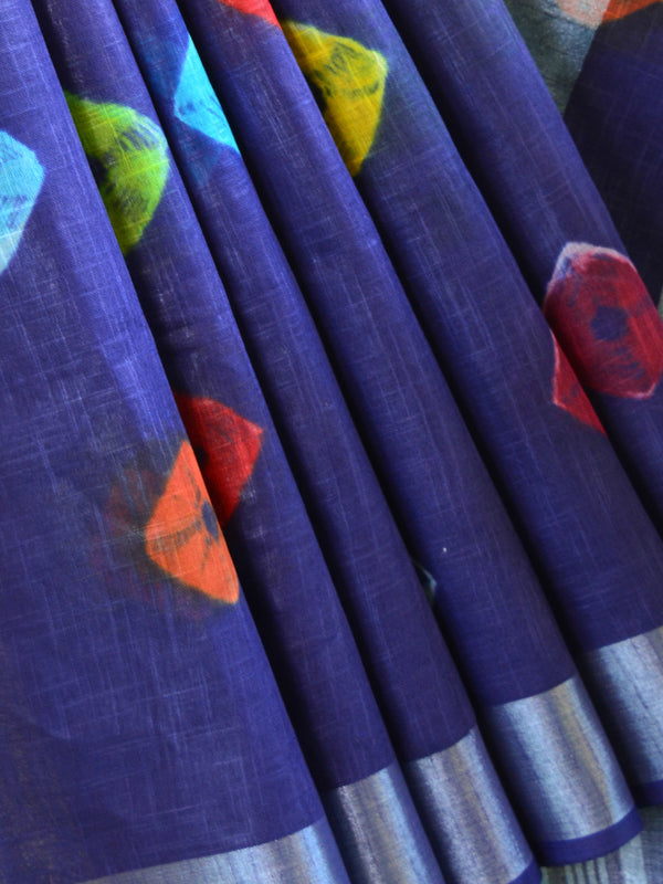 Bhagalpur Handloom Pure Linen Cotton Hand-Dyed Multicolor Bandhej Saree-Deep Blue