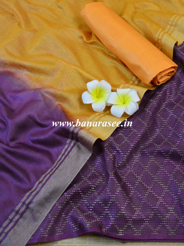 Handloom Silk Cotton Ghichha Woven Salwar Kameez Dupatta Set-Violet & Yellow