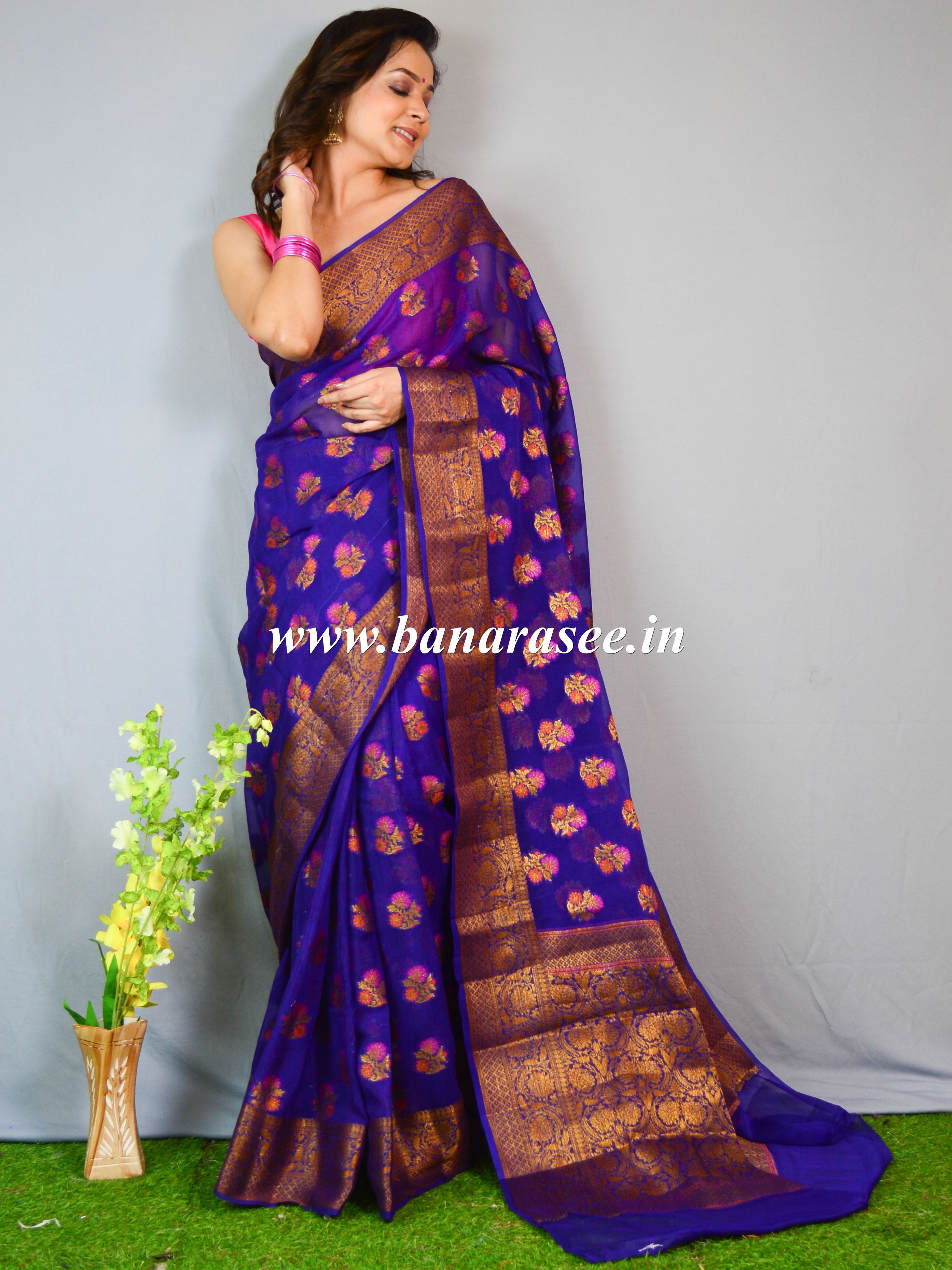 Banarasee Pure Chiffon Saree With Resham & Zari Work-Purple