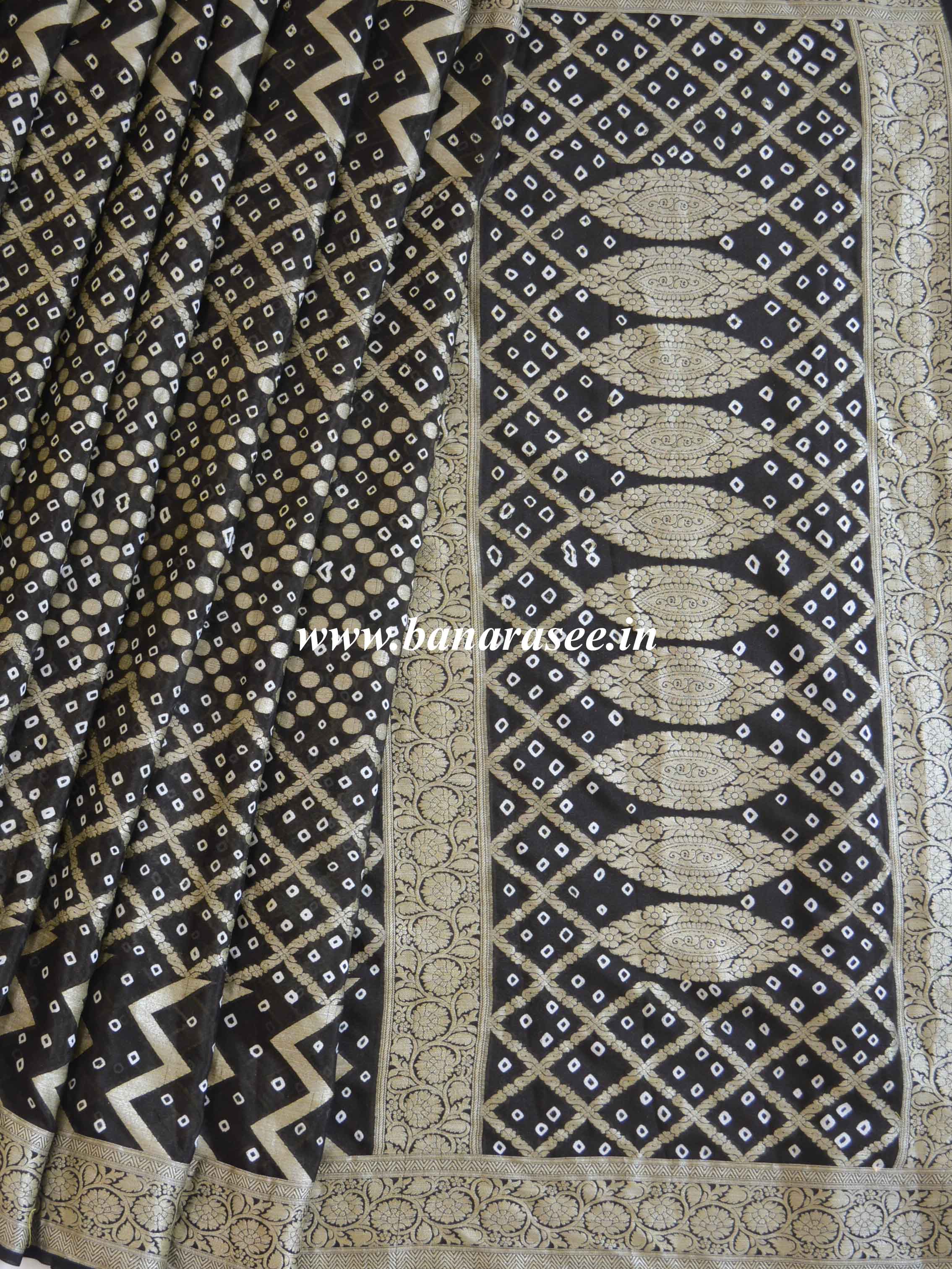 Banarasee Pure Handloom Chiffon Saree With Hand-Dyed Bandhini-Black