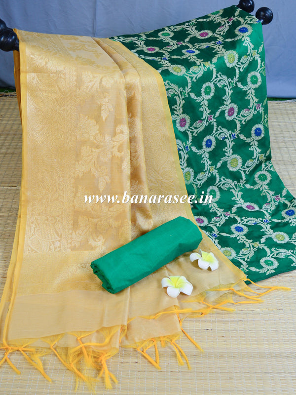 Banarasee Art Silk Salwar Kameez Fabric With Jaal Design Dupatta-Beige & Green