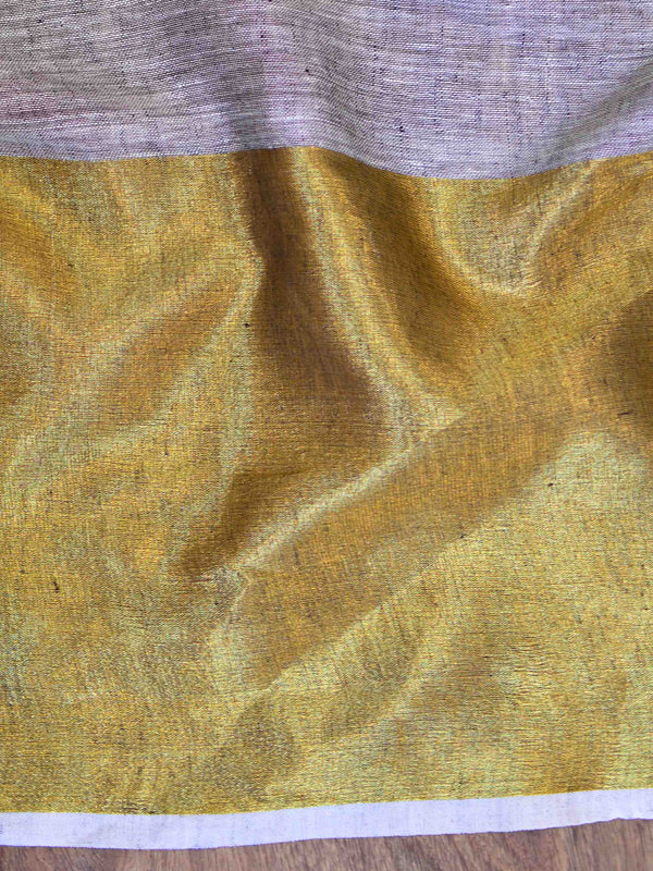 Banarasee Handloom Pure Linen Saree With Zari Border-Grey