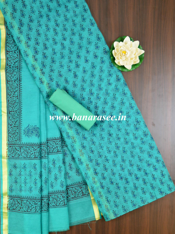 Kota Doria Block Printed Salwar Kameez Dupatta Set-Teal