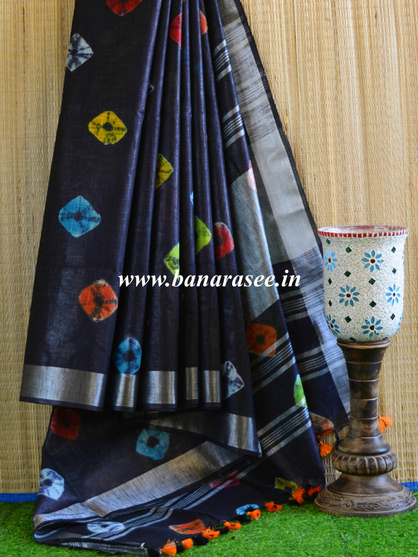 Bhagalpur Handloom Pure Linen Cotton Hand-Dyed Multicolor Bandhej Saree-Black