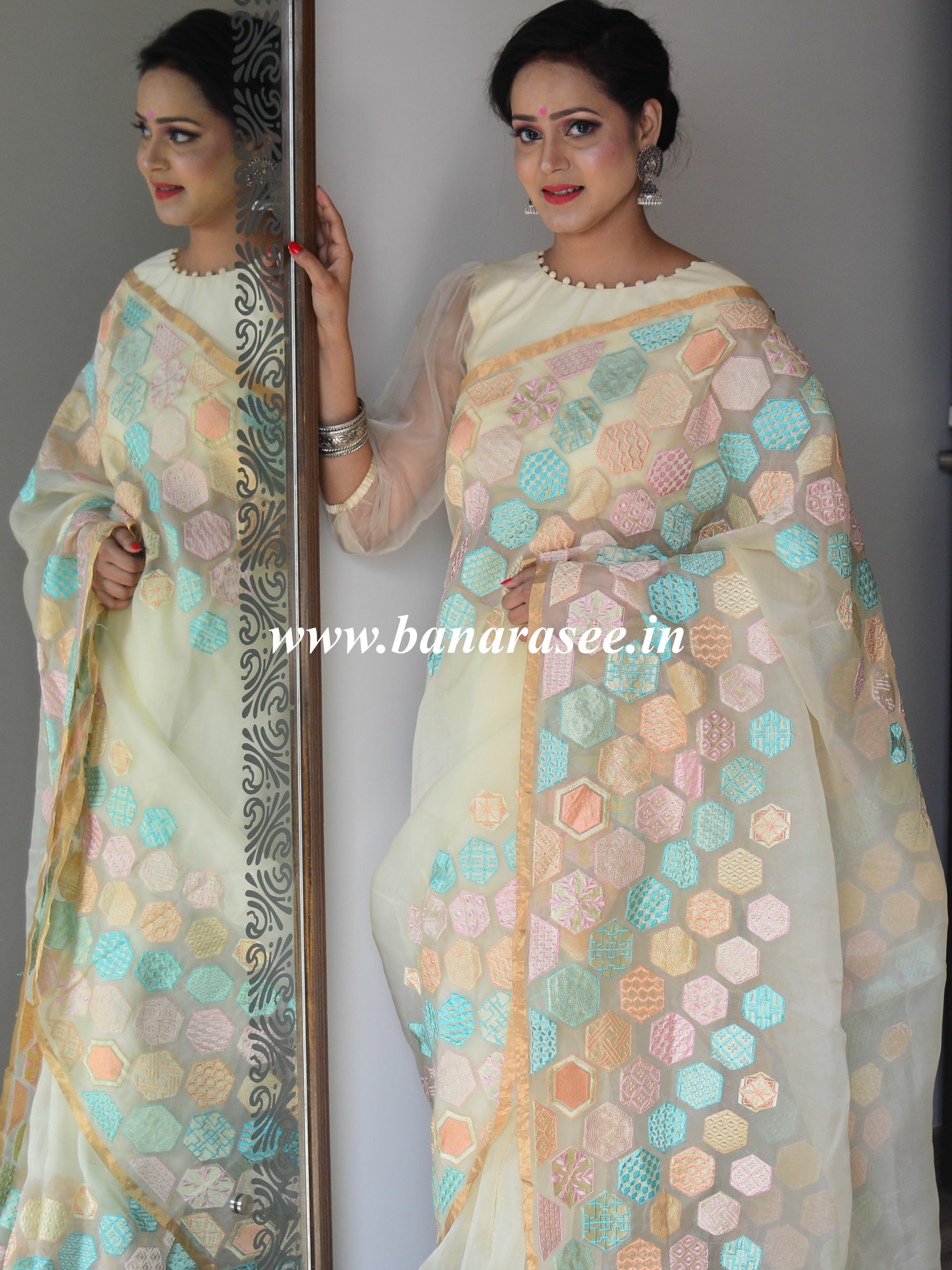 Banarasee Pure Organza Silk Saree With Embroidery-White