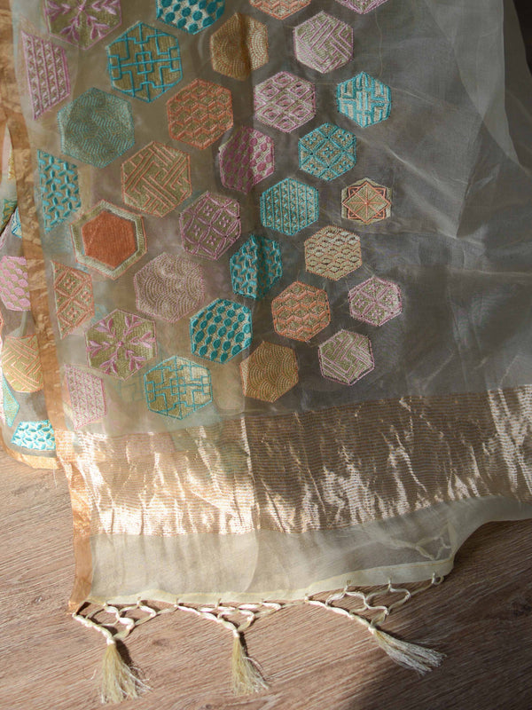 Banarasee Pure Organza Silk Saree With Embroidery-White