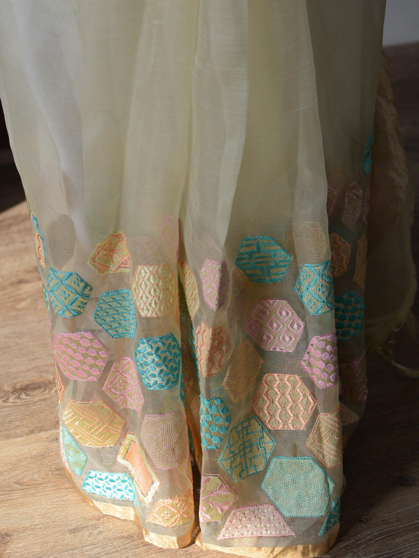 Banarasee Pure Organza Silk Saree With Embroidery-White