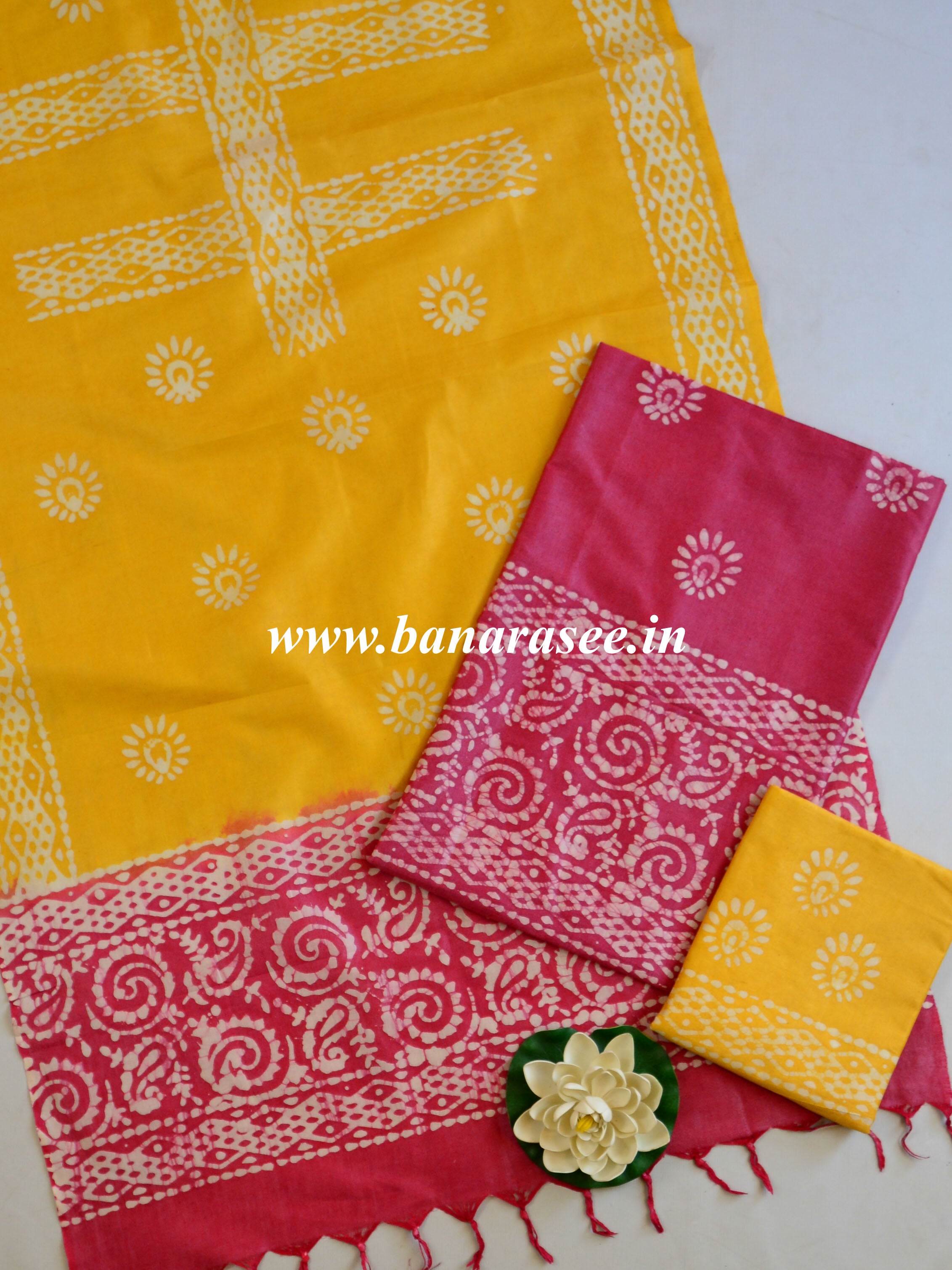 Handloom Khadi Cotton Hand-Dyed Batik Pattern Salwar Kameez Dupatta Set-Yellow & Red