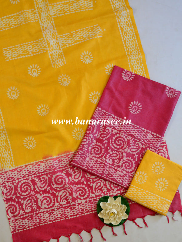 Handloom Khadi Cotton Hand-Dyed Batik Pattern Salwar Kameez Dupatta Set-Yellow & Red