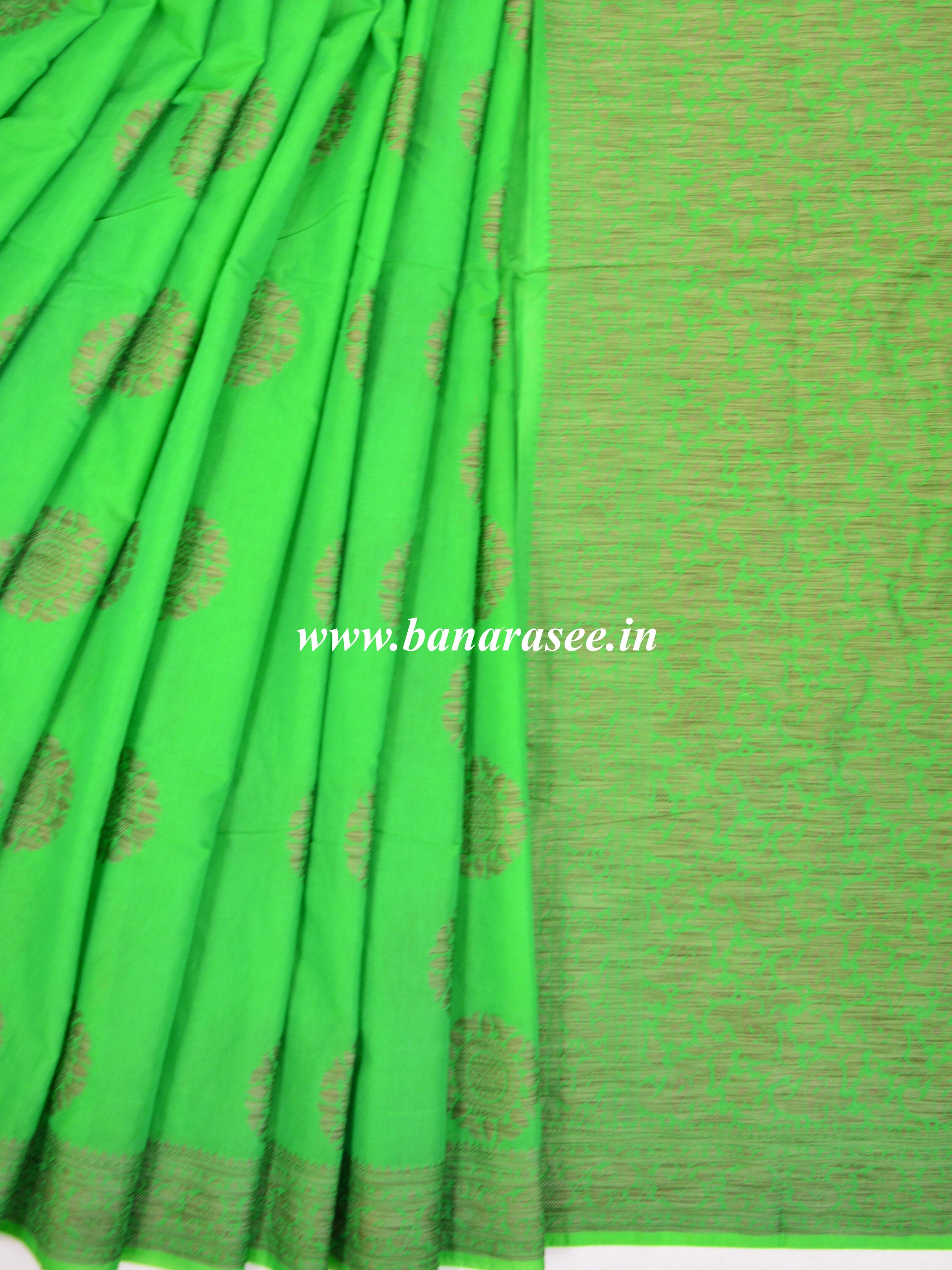 Banarasee Pure Handloom Soft Cotton Saree With Jute Work-Bright Green