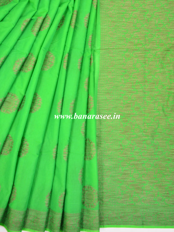 Banarasee Pure Handloom Soft Cotton Saree With Jute Work-Bright Green