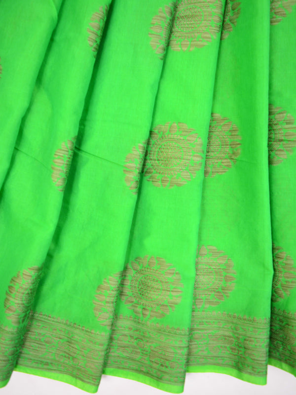 Banarasee Pure Handloom Soft Cotton Saree With Jute Work-Bright Green