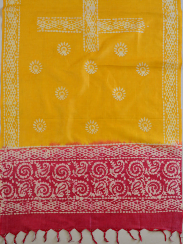 Handloom Khadi Cotton Hand-Dyed Batik Pattern Salwar Kameez Dupatta Set-Yellow & Red
