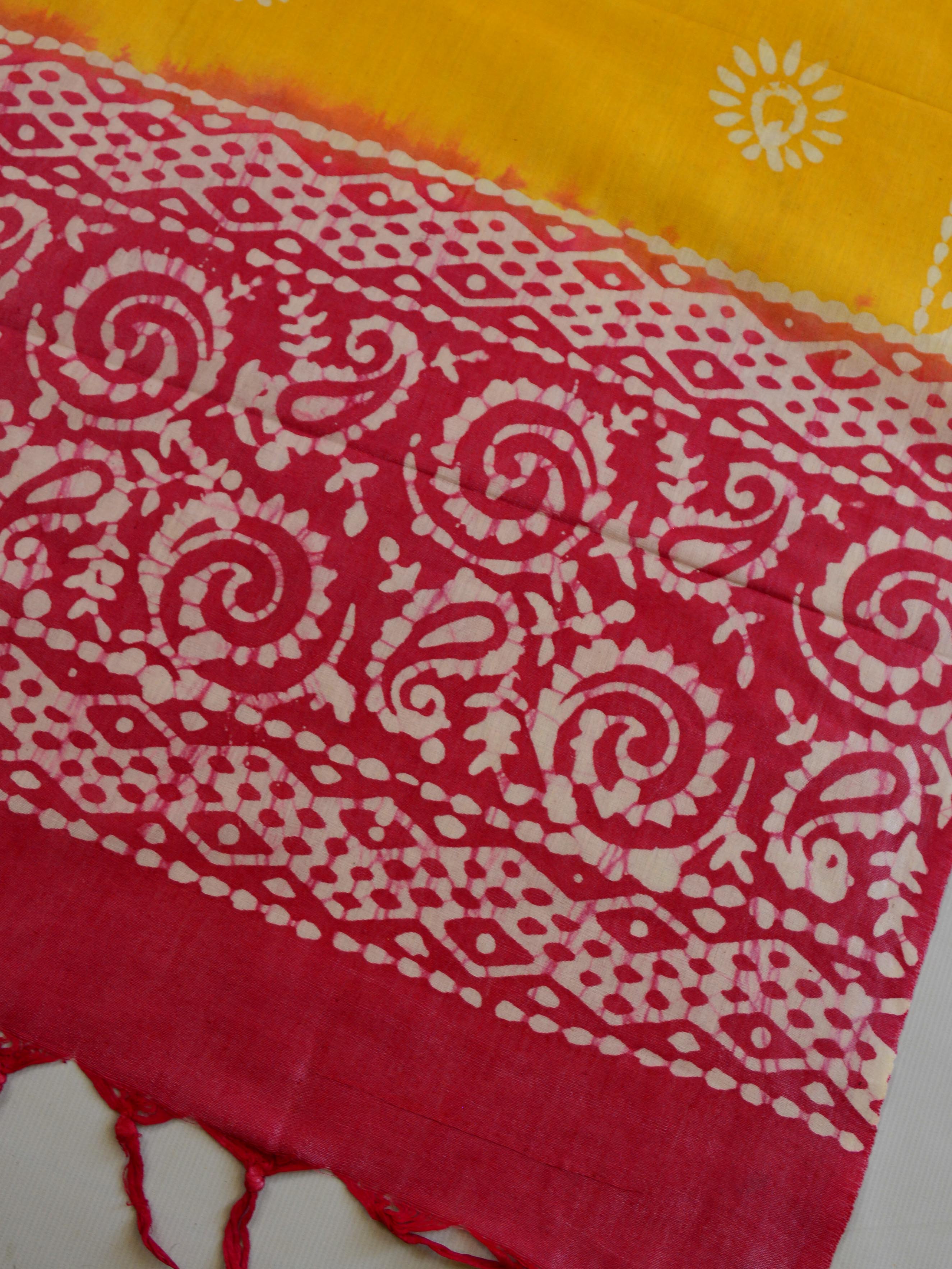 Handloom Khadi Cotton Hand-Dyed Batik Pattern Salwar Kameez Dupatta Set-Yellow & Red