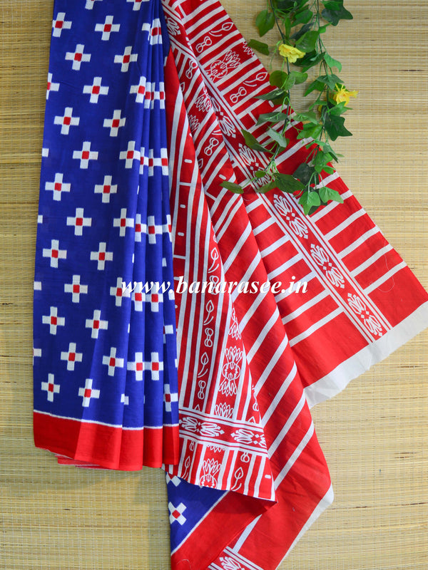 Handloom Mul Cotton Hand Print Saree-Blue