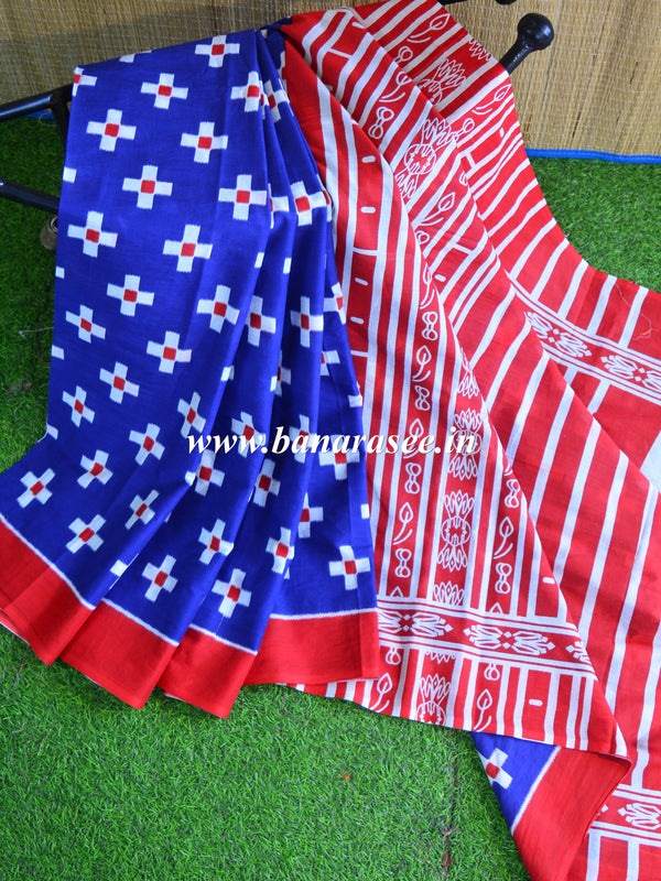 Handloom Mul Cotton Hand Print Saree-Blue