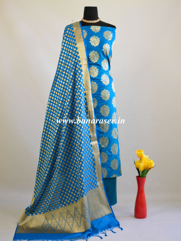 Banarasee Salwar Kameez Semi Katan Silk Zari Work Fabric-Blue