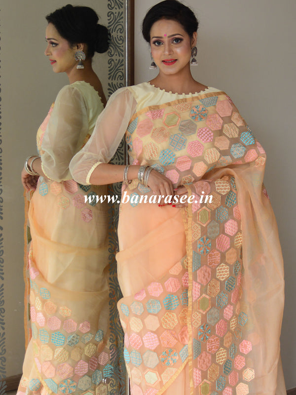 Banarasee Pure Organza Silk Saree With Embroidery-Peach