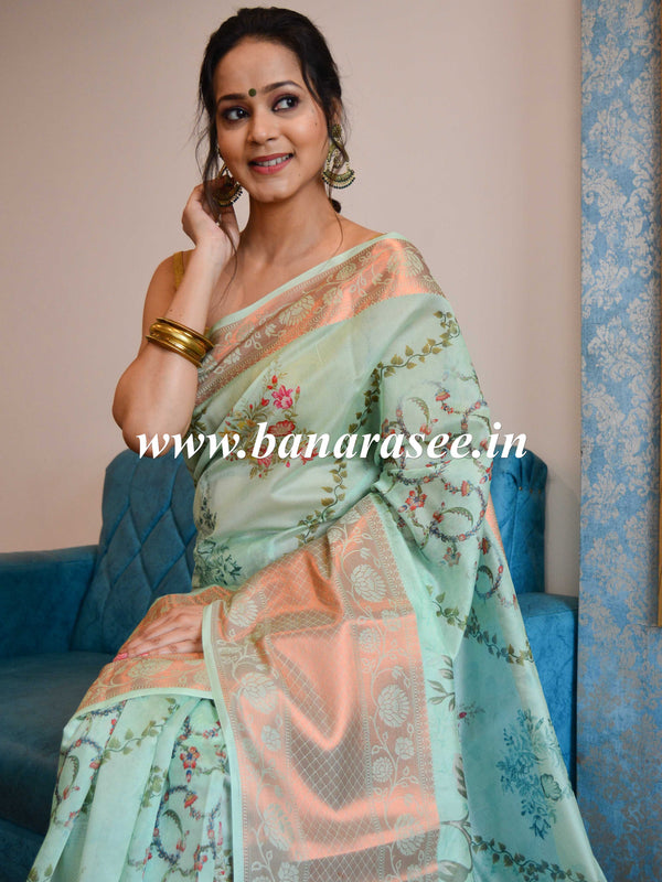 Banarasee Organza Silk Saree With Digital Floral Print & Zari Border-Sea Green