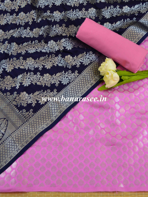 Banarasee Semi Silk Salwar Kameez Fabric & Dupatta With Silver Zari-Deep Blue & Pink