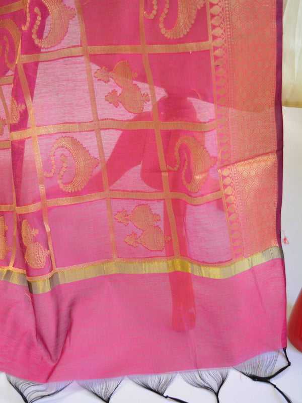 Banarasee Cotton Silk Mix Dupatta With Big Checks Design-Magenta