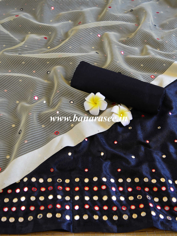 Banarasee Brocade Salwar Kameez Fabric With Mirror Work-Black & Beige