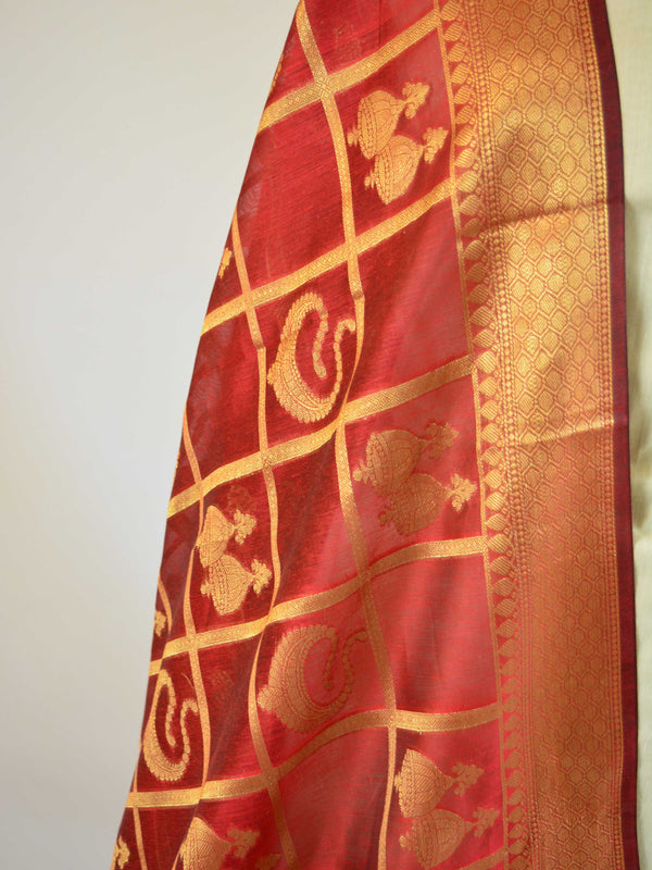 Banarasee Cotton Silk Mix Dupatta With Big Checks Design-Deep Red