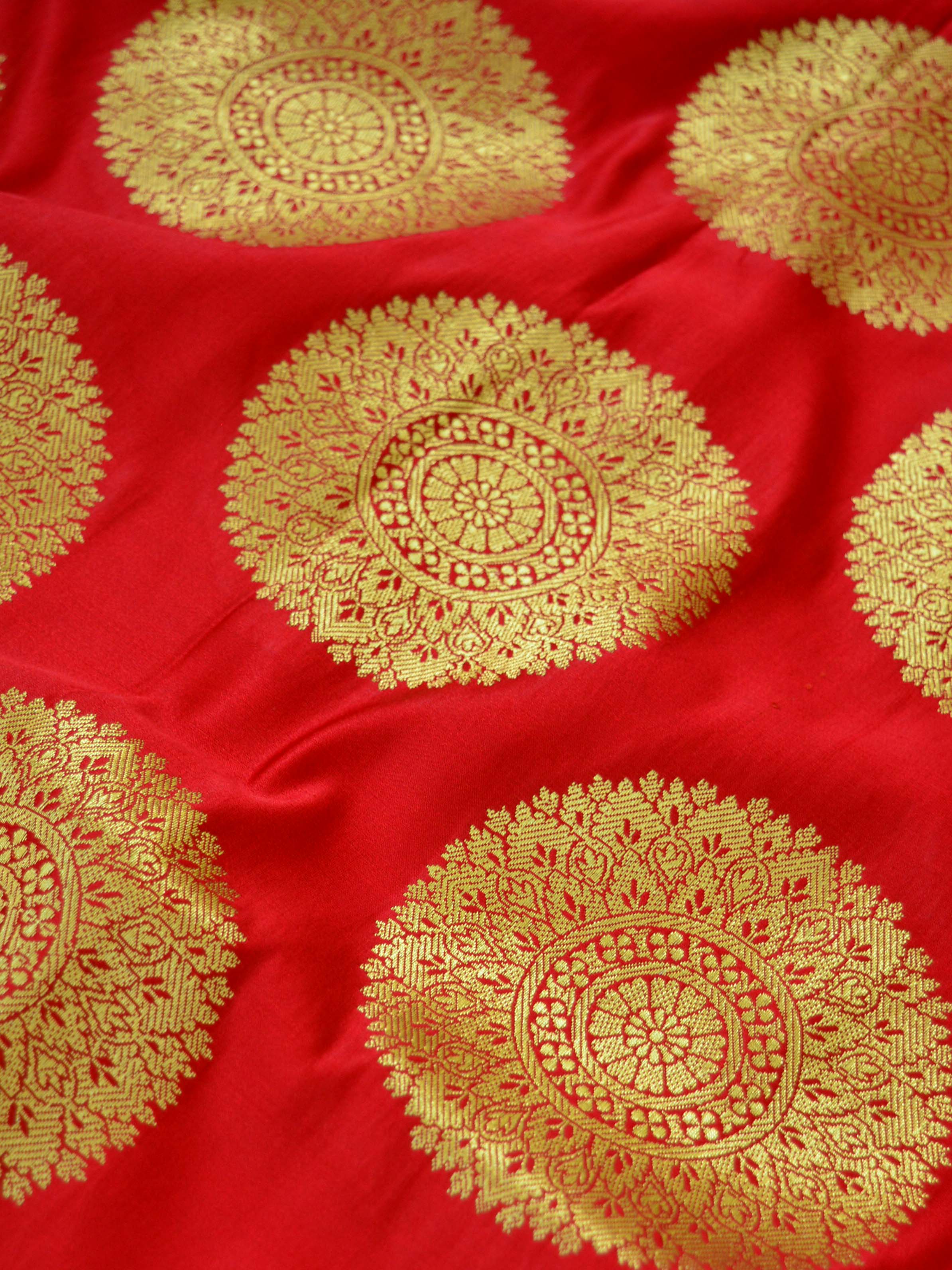 Banarasee Satin Brocade Gold Zari Big Circle Buta Fabric-Red