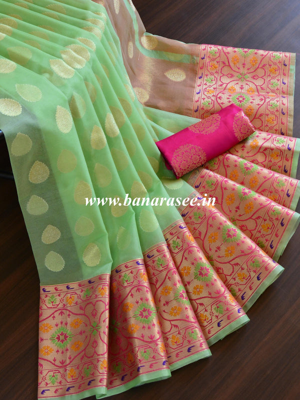 Banarasee Organza Mix Saree With Buta Design & Meena Border-Green