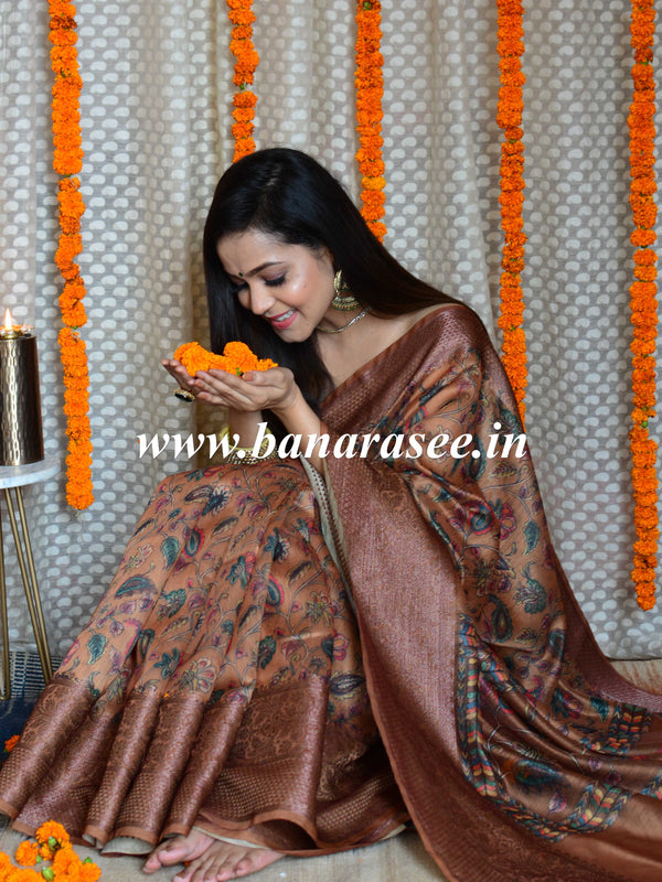 Banarasee Handloom Chanderi Digital Print Saree With Antique Zari Design-Light Brown