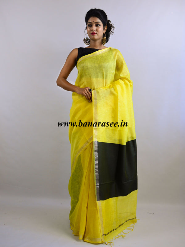 Bhagalpuri Handloom Pure Linen Silk Saree-Yellow With Black