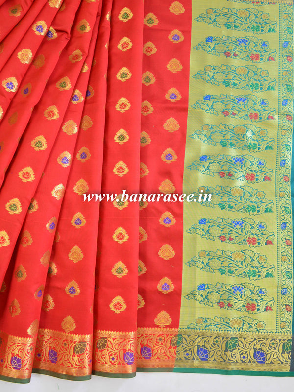 Banarasee Art Silk Saree With Floral Border-Red