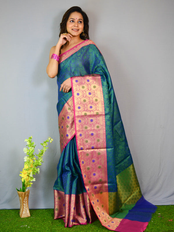 Banarasee Kora Muslin Saree With Self-Weaving Jaal Design & Skirt Border-Green