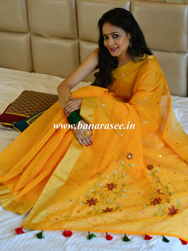Banarasee Chanderi Cotton Hand-Embroidered Saree-Yellow