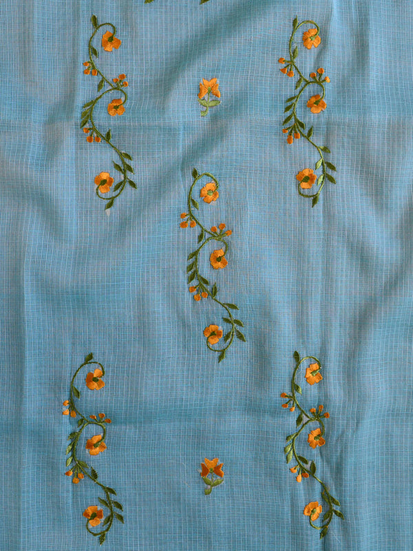 Banarasee Kota Doria Hand-Embroidered Phool Patti Work Salwar Kameez Dupatta Set-Blue