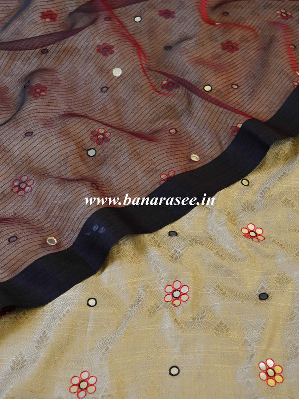 Banarasee Brocade Salwar Kameez Fabric With Mirror Work-Beige & Maroon