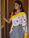 Handloom Mul Cotton Ajrakh Print Saree-White & Yellow