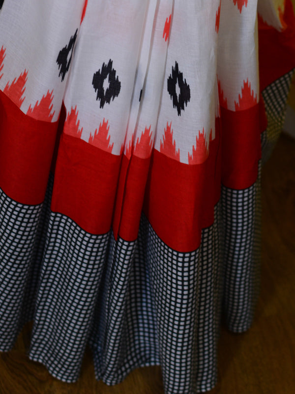 Handloom Mul Cotton Ajrakh Print Saree-White & Yellow