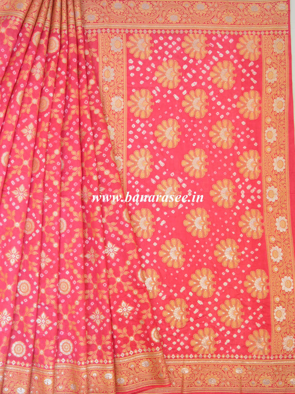 Banarasee Handloom Cotton Silk Bandhini Dyed Sona Rupa Zari Saree-Pink