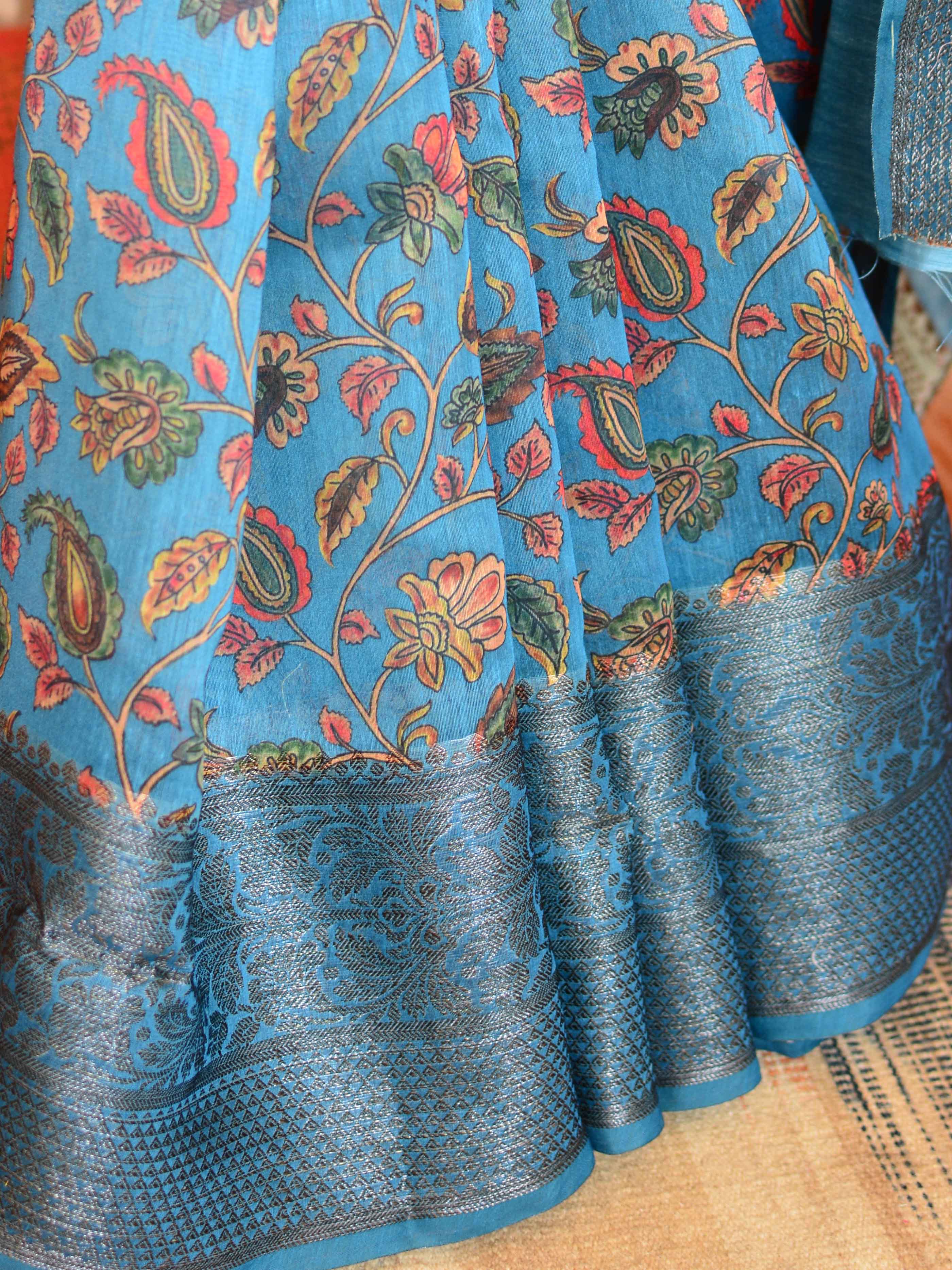 Banarasee Handloom Chanderi Digital Print Saree With Antique Zari Design-Blue