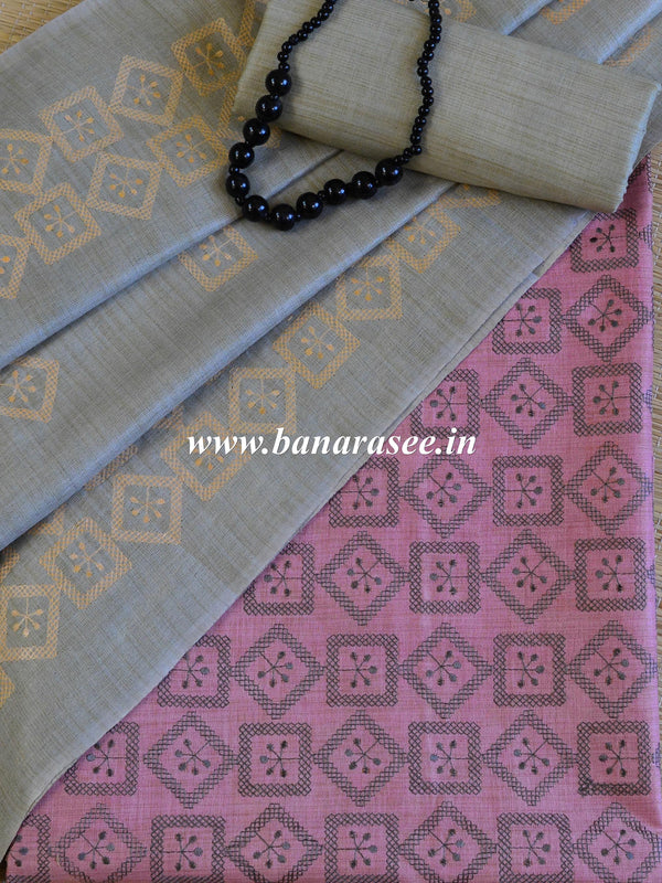 Handloom Embroidered Khadi Cotton Salwar Kameez Dupatta Set-Pastel Green & Pink