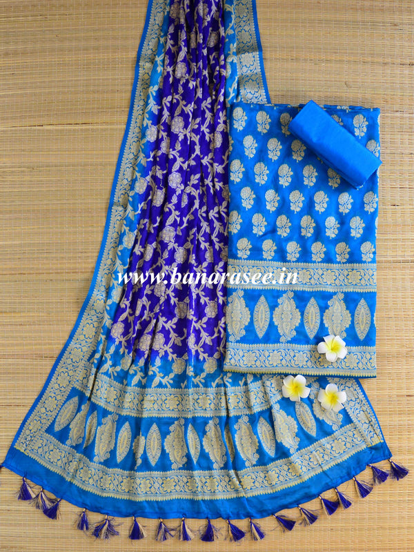 Banarasee Handloom Pure Chiffon Silk Salwar Kameez Set-Blue