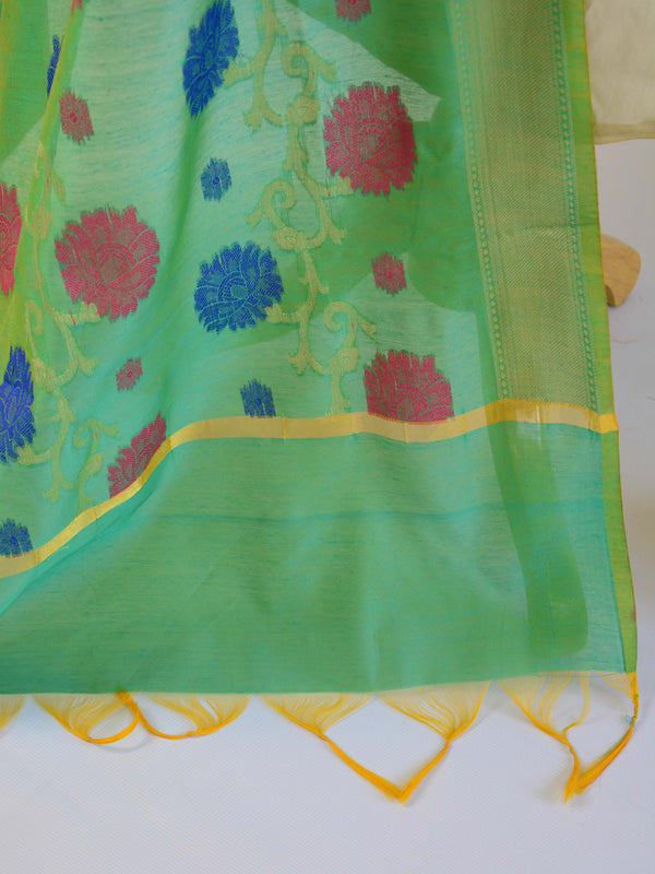 Banarasee Chanderi Cotton Resham Woven Dupatta-Green