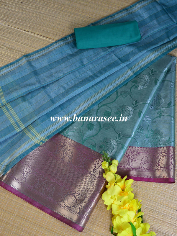 Banarasee Art Silk Floral Salwar Kameez Fabric & Dupatta-Green