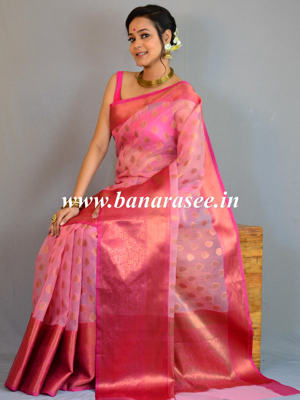 Banarasee Organza Mix Saree With Copper Zari Buti & Border-Pink